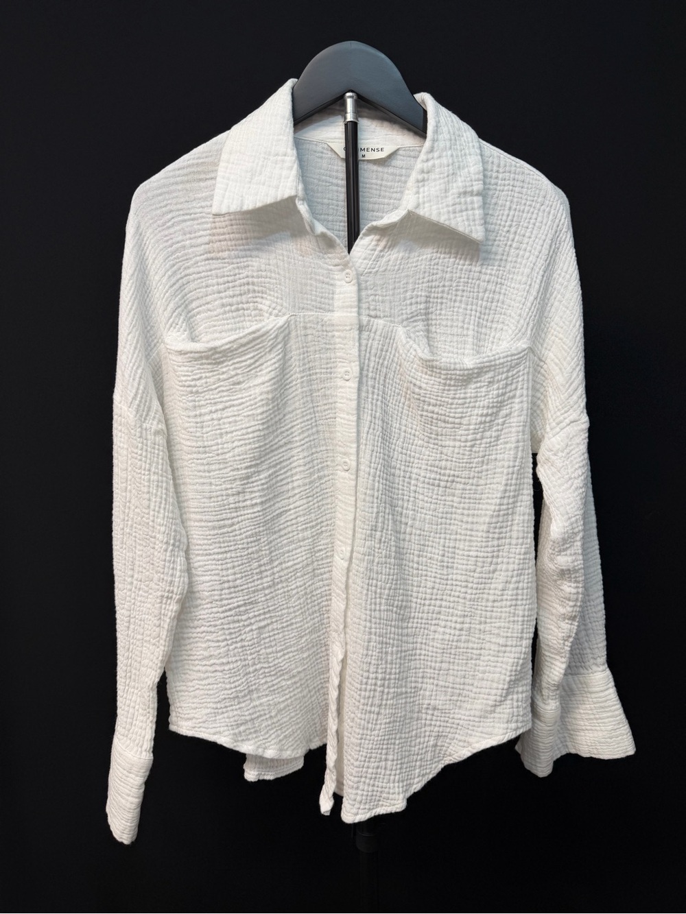 Commense White Crinkled Gauze Long- Sleeve Button Up Shirt - 100% Cotton